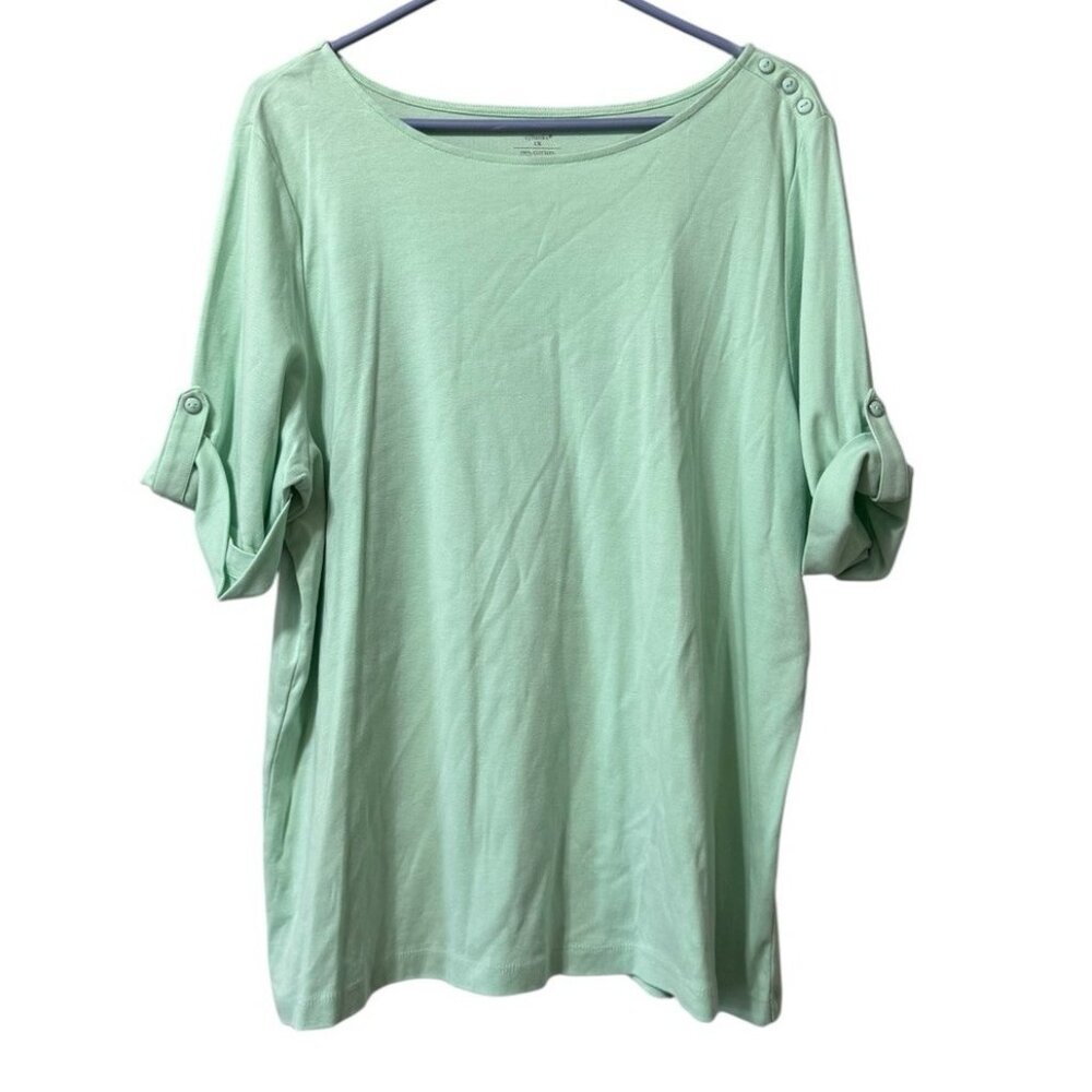 CJ Banks Short Sleeve Shirt Size 1X Green Cotton Office Career Business Casual